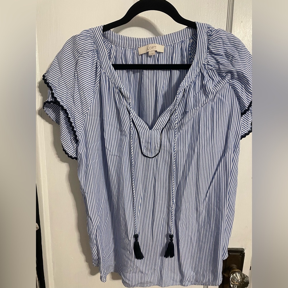 LOFT White and Blue Pinstripe Tie-Front Short Sleeve Top